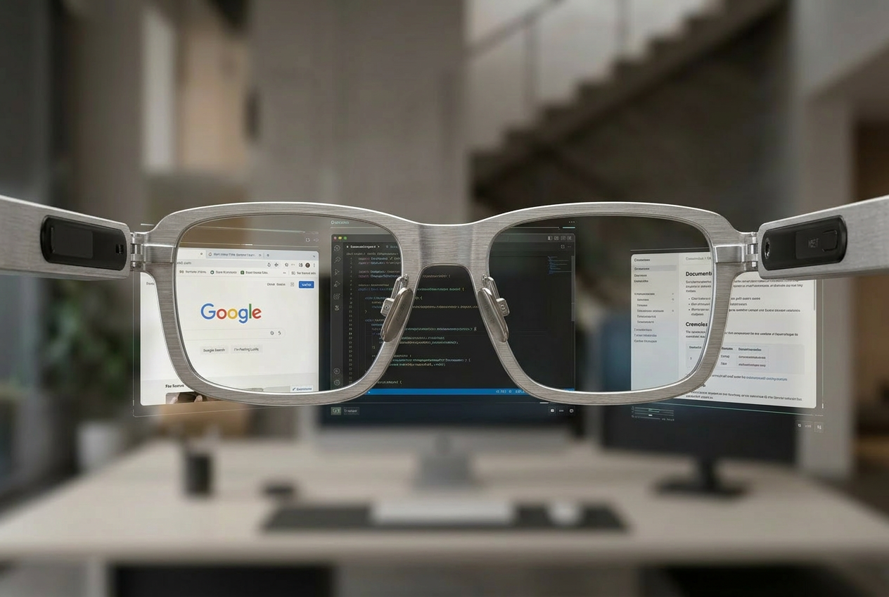 POV through smart glasses showing three virtual displays