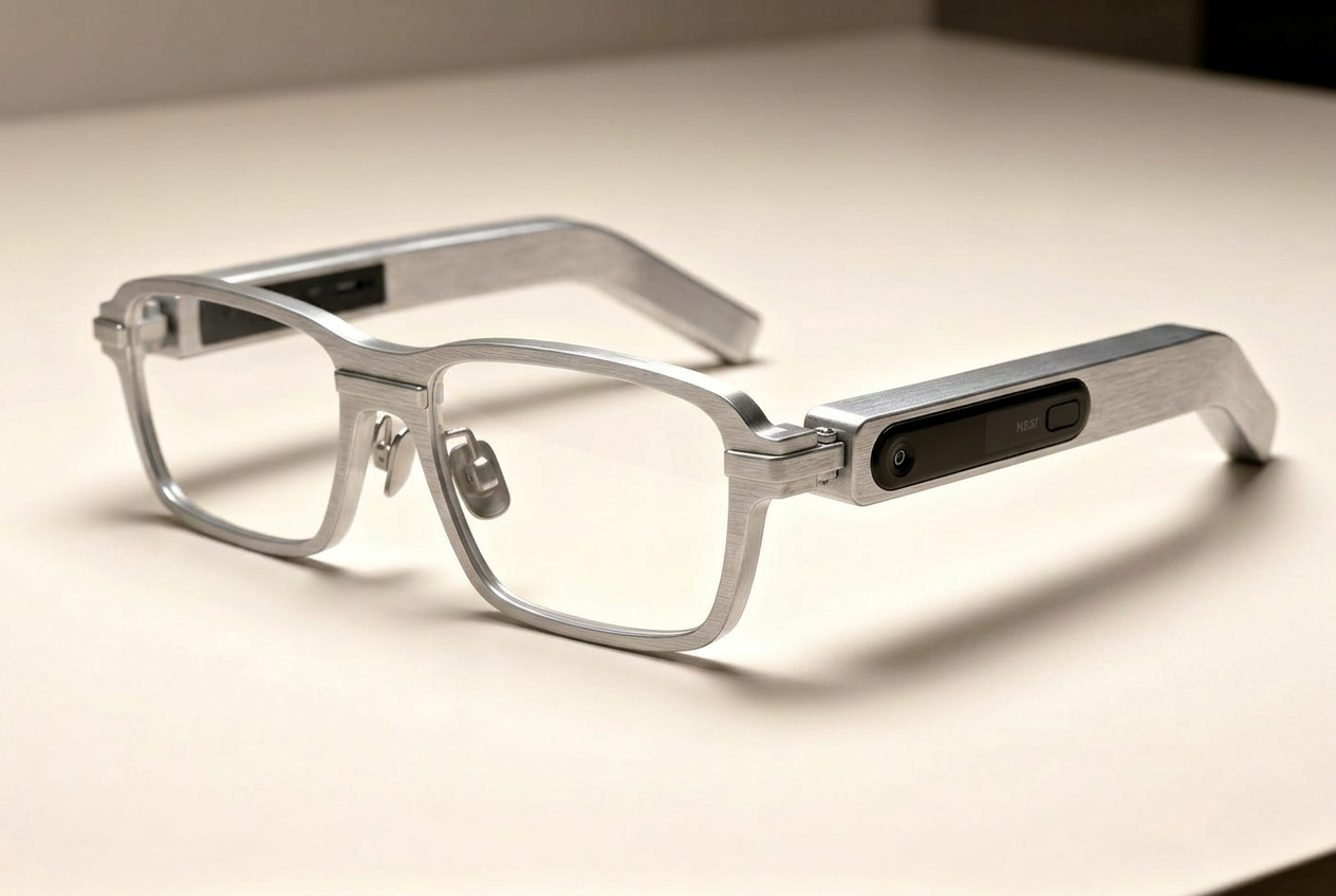 Slim aluminum smart glasses on a clean surface