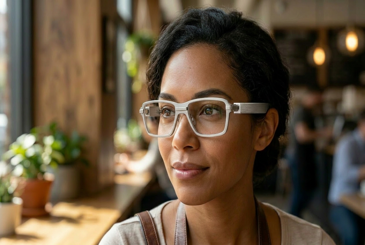 Person wearing transparent smart glasses in a cafe