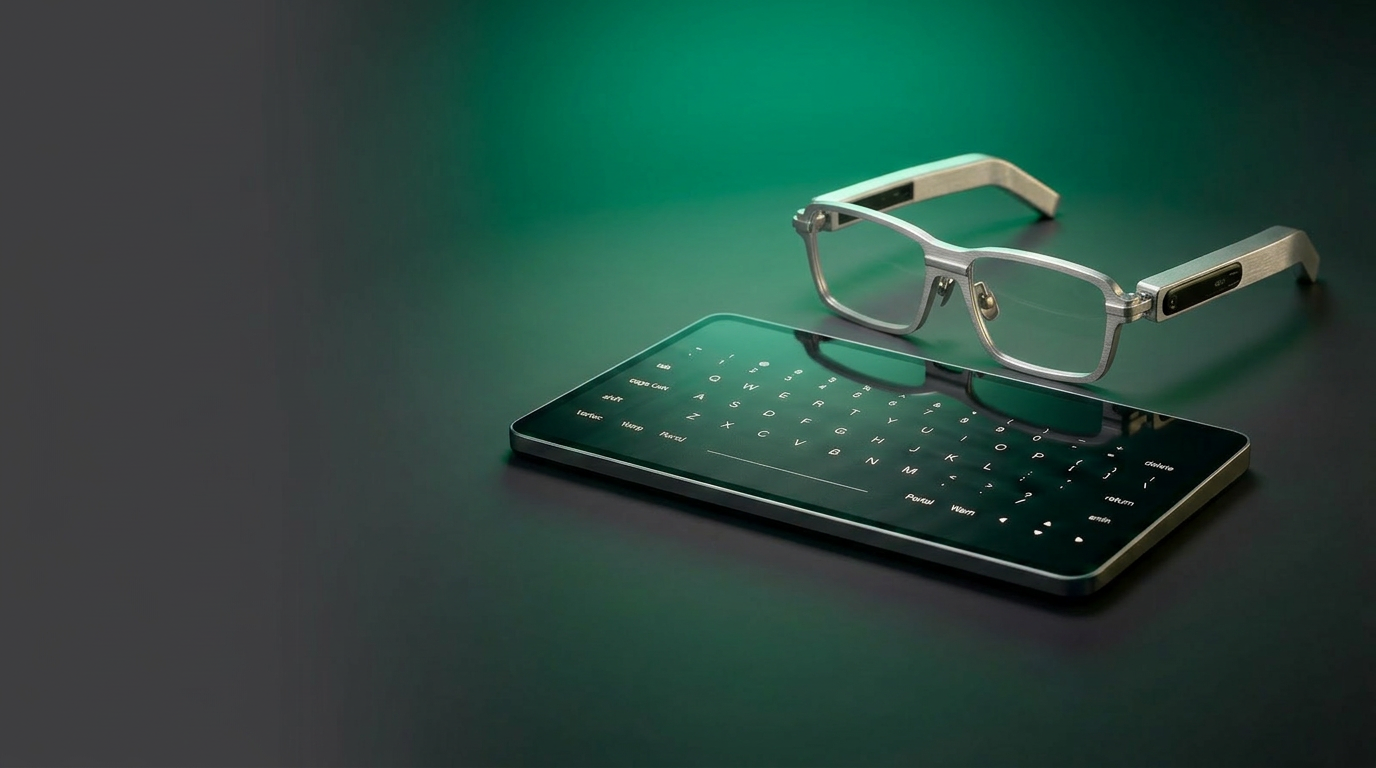 Traditional monitor, keyboard and mouse setup contrasted with the Demain Spaceboard and Renaissance Glasses
