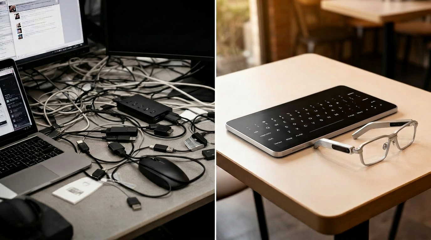 Cluttered desk versus a clean café table with Spaceboard and glasses