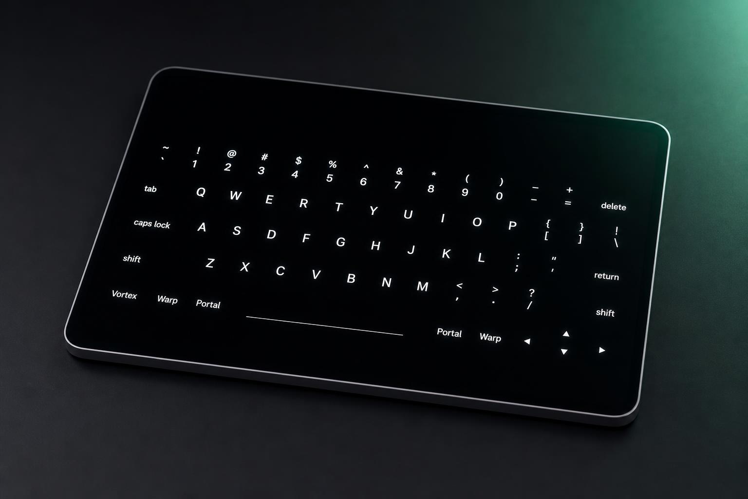 Spaceboard 13-inch OLED tablet with virtual QWERTY keyboard featuring Portal, Warp, and Vortex keys
